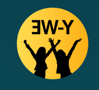 Y-WE的标志上有两个人高举手臂以示庆祝